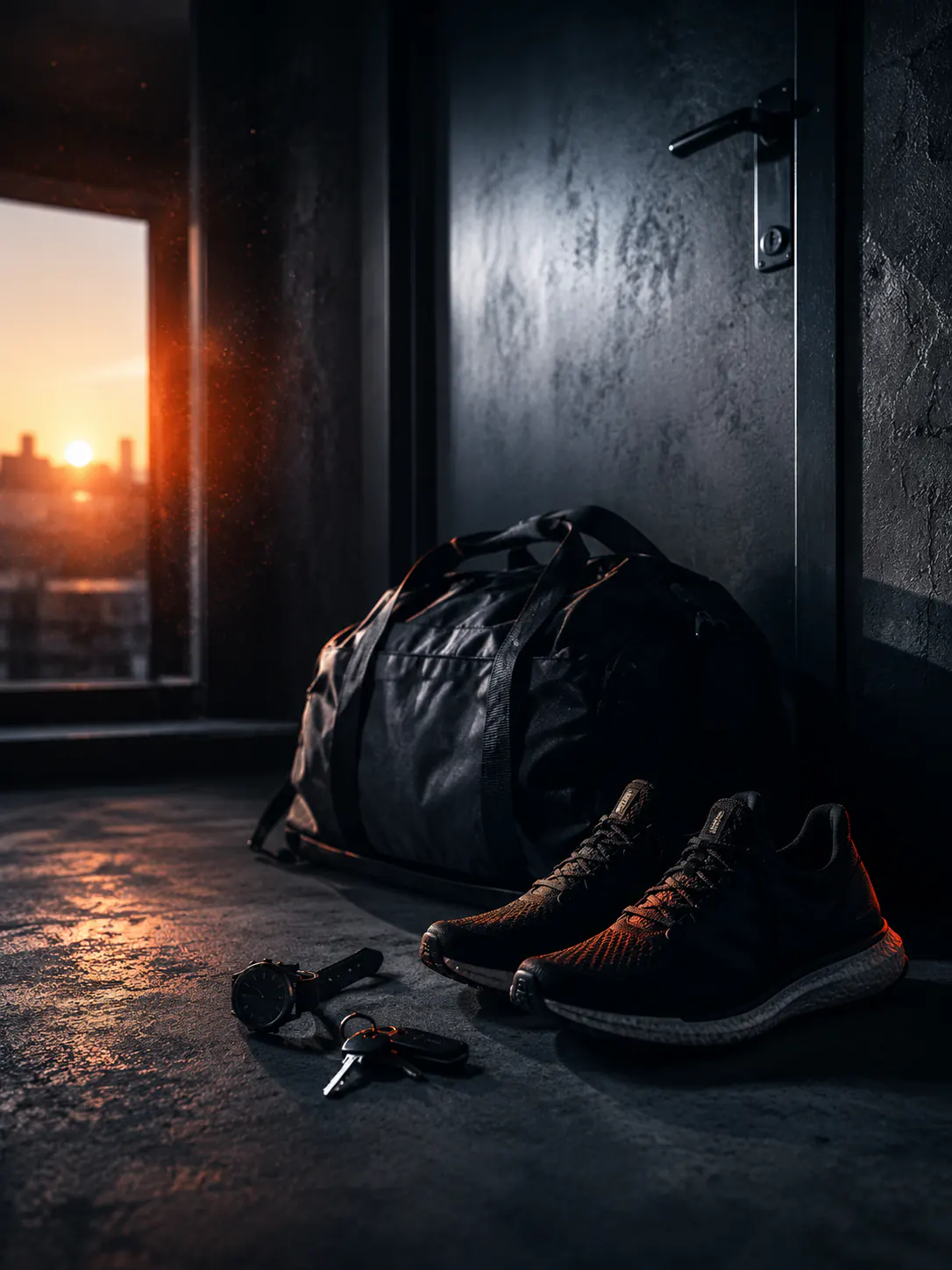 Packed gym bag and running shoes for a four-day training week