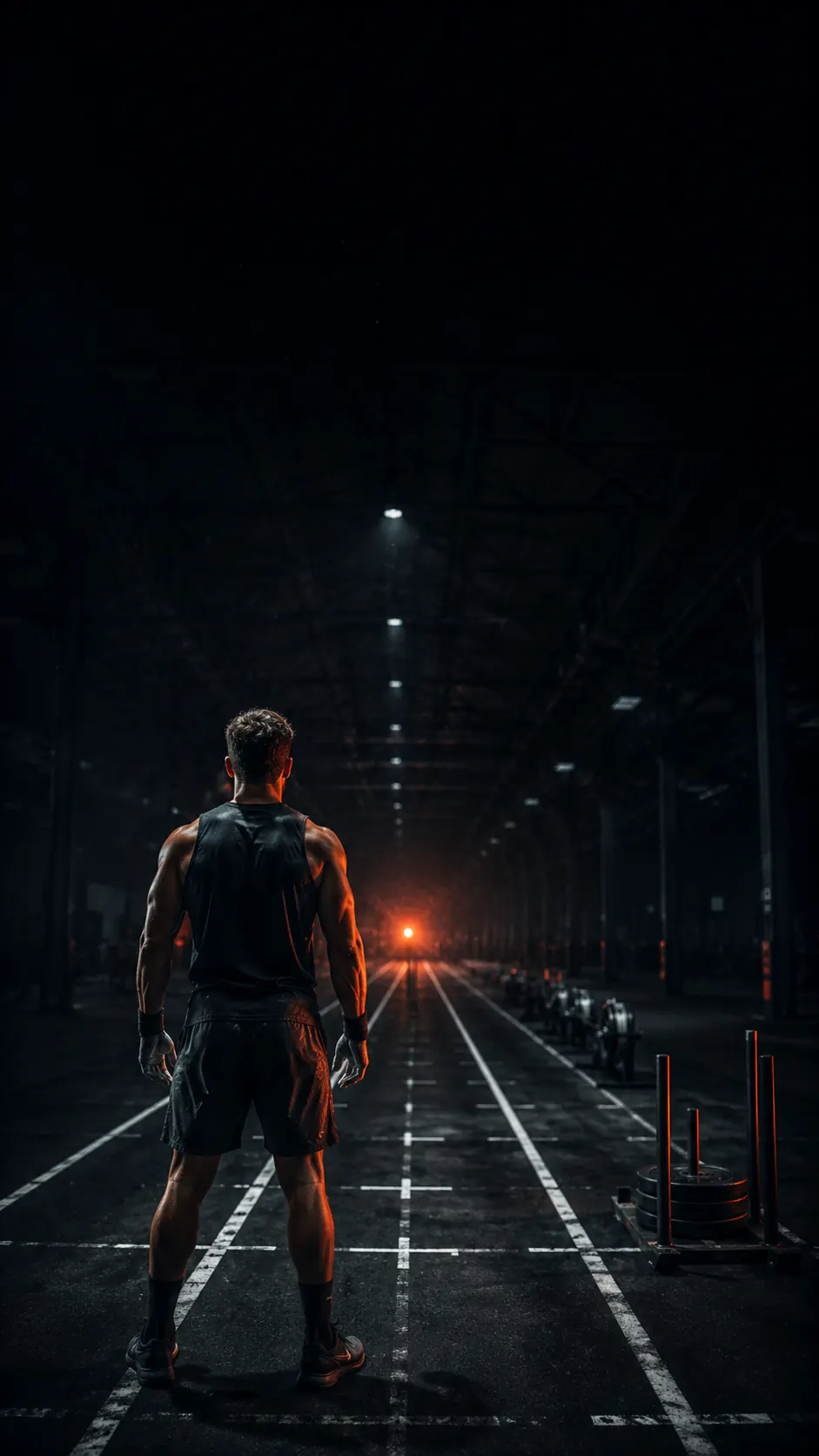 Athlete facing a fitness-race training lane inside a dark gym