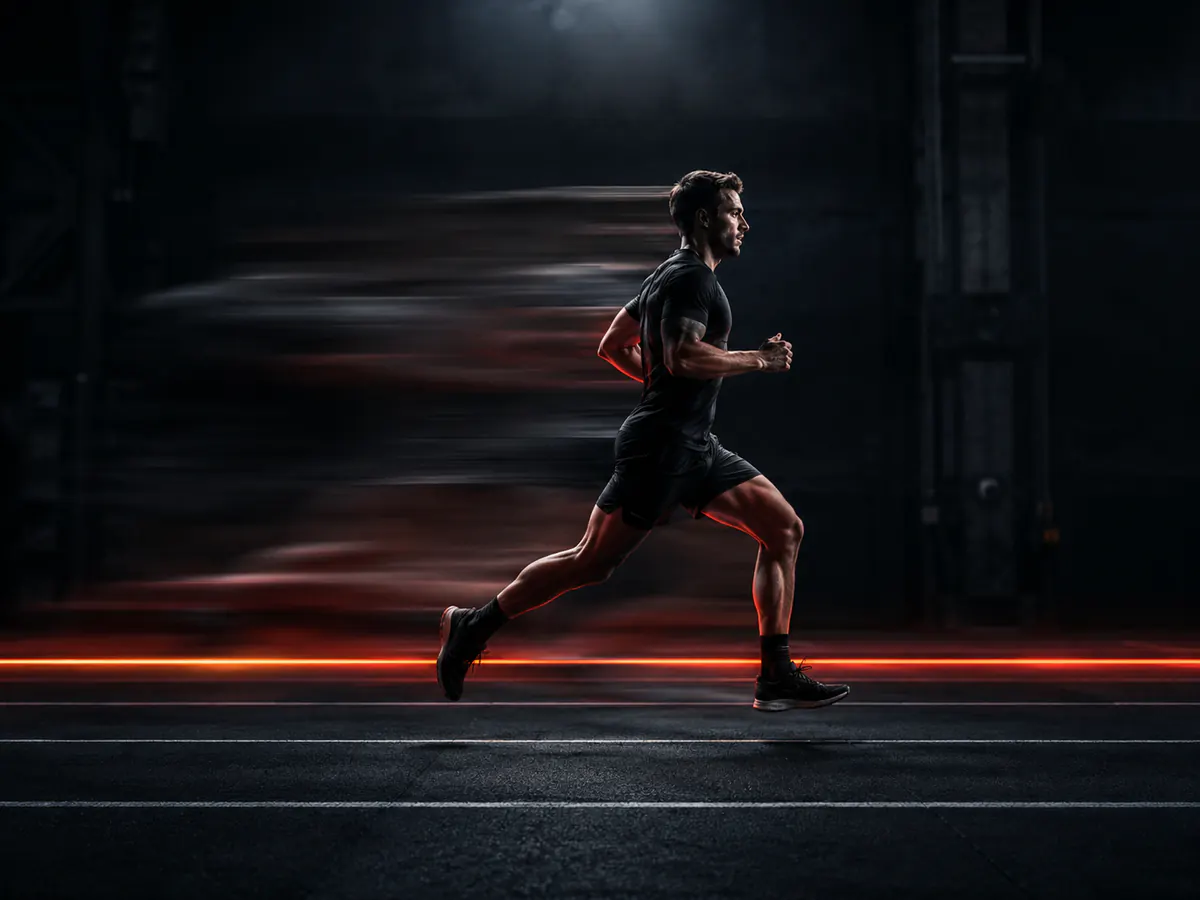Runner pacing through a dark indoor training lane